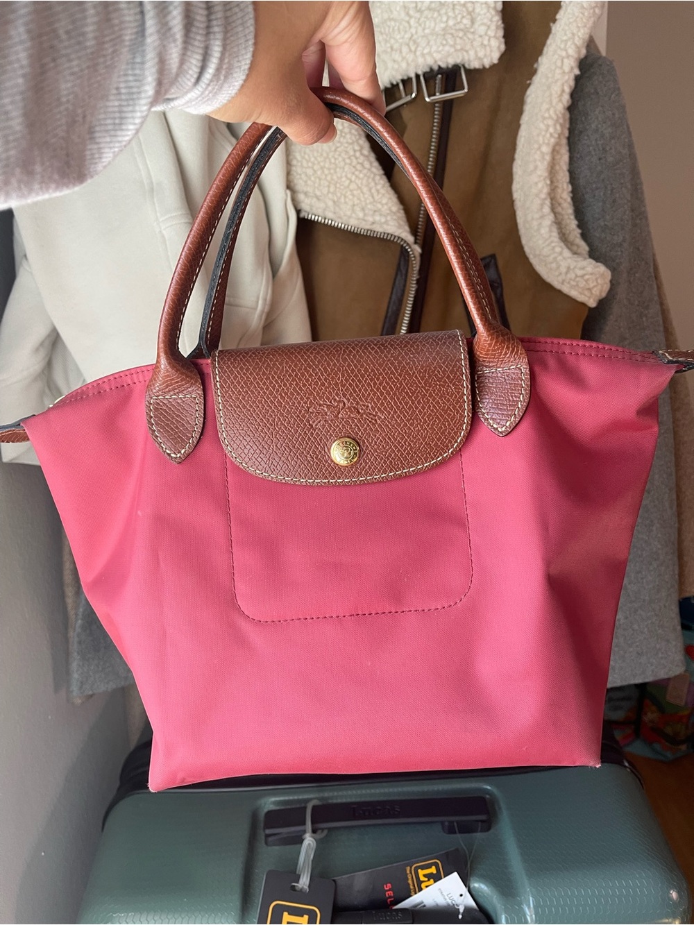 Longchamp Pink Nylon Small Top-Handle Tote with Brown Leather Trim